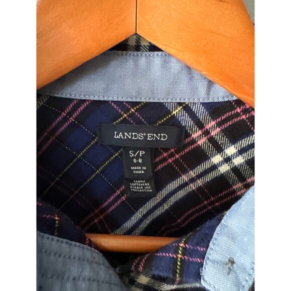 Lands’ End Flannel Shirt Small Plaid Button Down Blue Pink Cotton Casual Classic - Picture 2 of 5